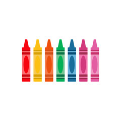Row of colorful crayons in a rainbow spectrum, arranged horizontally on a plain white background.