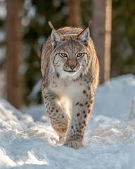 Fototapeta premium Lynx Walking Through Snow Strong Pawprints Visible Winter Wildlife