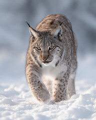 Fototapeta premium Lynx Walking Through Snow Strong Pawprints Visible Winter Wildlife