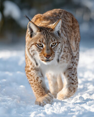 Fototapeta premium Lynx Walking Through Snow Strong Pawprints Visible Winter Wildlife