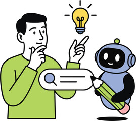 AI Idea Generation Vector Illustration, Man with Robot.