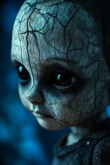 Obraz premium A haunting closeup of an old, worn wooden doll with cracked, peeling paint and eerie black eyes, evoking feelings of sadness, mystery, and unease.
