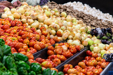 tomato and onion on sale at the supermarket