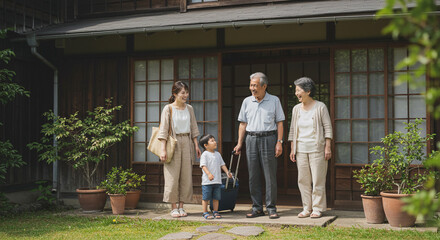 田舎の実家に帰省した家族の笑顔の瞬間