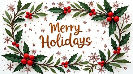 A hyper realistic image captures a holiday card with cheerful greetings, playful messages, and iconic holiday motifs, including intricate snowflakes, rich holly, and charming mistletoe.