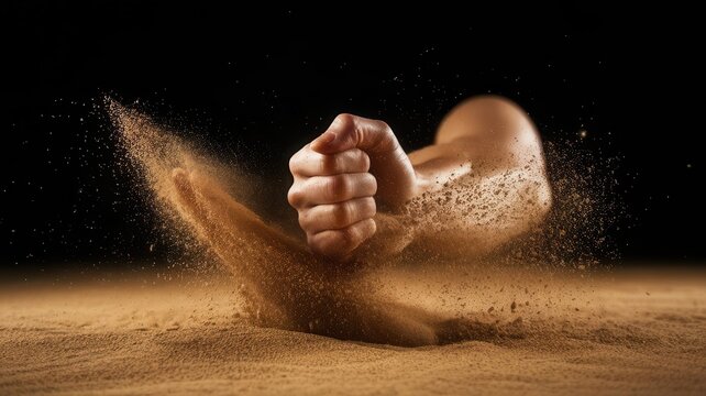 Fist Punching Through Sand in Dynamic Motion Against a Dark Backdrop