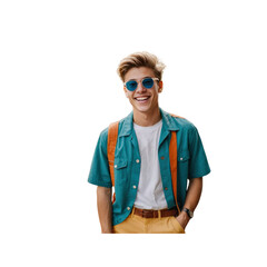 Happy Young Man Smiling, Wearing Teal Shirt and Sunglasses