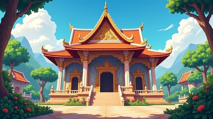 Obraz premium A vividly detailed illustration portrays a majestic traditional temple with intricate carvings, a grand entrance, and serene gardens.