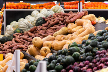 pumpkin and sweet potato on sale at the supermarket
