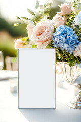 Blank silver frame mockup placed on a wedding table with pink roses and blue hydrangeas in a silver vase