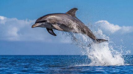 Fototapeta premium Majestic Dolphin Jumping Out of the Water Blue Sky Ocean Wildlife