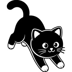 Playful black cartoon cat with a bow in cute vector style