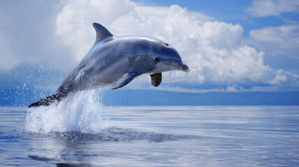 Fototapeta premium Majestic Dolphin Leaping from Ocean Water under a Vivid Blue Sky