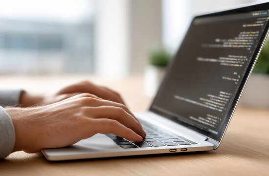 Close-up of a developer typing code on a laptop, representing software development, AI programming, and modern tech solutions