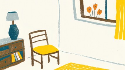 Obraz premium Colored pencil drawing Bright and cheerful interior living room, yellow chair and window view with flowers, creating a cozy atmosphere. Isolate on white background