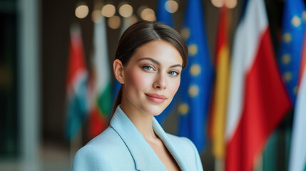 Confident female diplomat in a light blue blazer standing in front of multiple international flags, representing global politics, leadership, and international relations