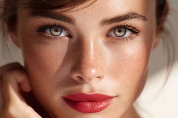 Close-up portrait of a young woman with striking blue-gray eyes, thick brows and bold red lips