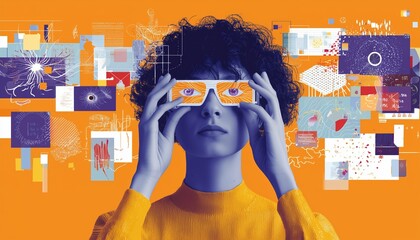 Woman holding abstract eye design, surrounded by colorful digital graphics, symbolizing futuristic and imaginative insights.