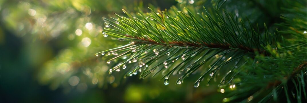 Close up of a pine branch with water droplets clinging to the needles in soft focus natural light 