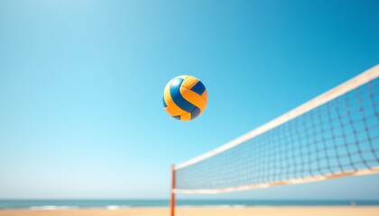 Volleyball soaring above net on sunny beach with clear blue sky and sand. A dynamic summer sports scene perfect for active lifestyle, travel, and beach-themed promotional content.