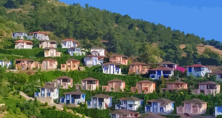 Fototapeta premium View of Colorful Hillside Houses. Village, summer resort in Alanya