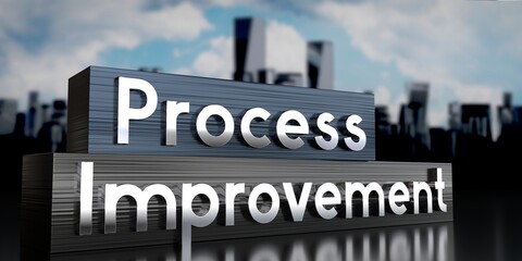 Fototapeta premium Process improvement - metal blocks and skyscrapers - 3D illustration