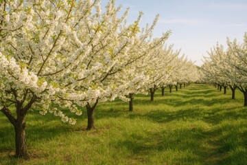 Fototapeta premium Blossoming orchard under clear sky.