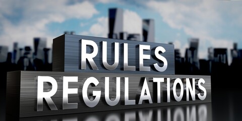 Rules, regulations - metal blocks and skyscrapers - 3D illustration