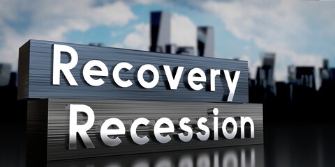 Fototapeta premium Recovery, recession - metal blocks and skyscrapers - 3D illustration