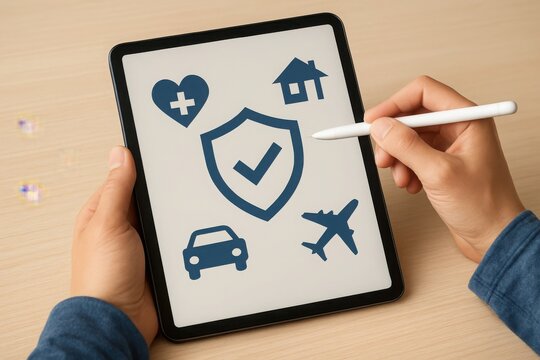 A person uses a stylus on a tablet displaying insurance icons, representing home, car, health, and travel