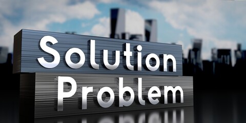 Solution, problem - metal blocks and skyscrapers - 3D illustration