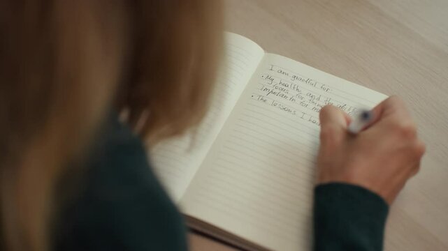 Young woman mindfully journaling and reflecting in her notebook, embracing self-care, manifestation, and intentional living, blending wellness rituals with modern slow living vibes