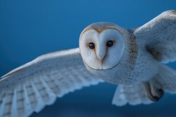 A barn owl with white feathers and a heart shaped face flying in front of a blue background sky view