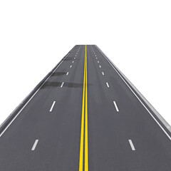 Perspective View of Asphalt Road with Yellow and White Lines on transparent background