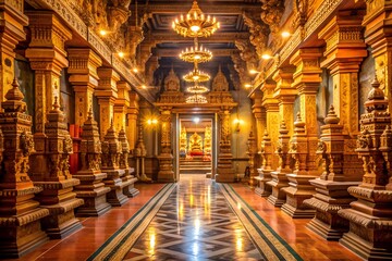 Fototapeta premium Ornate golden temple hallway with elaborate pillars and chandeliers