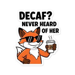 Cool Fox Drinking Coffee with "Decaf? Never Heard of Her" Slogan