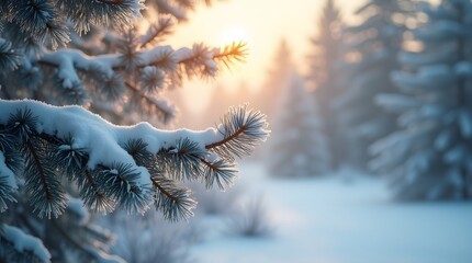 A close-up of a snow-covered pine branch with a warm winter sunrise in the background. A cozy and peaceful scene of a tranquil, snowy forest.