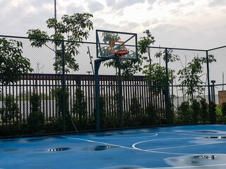 Outdoor basketball court with a blue surface, white lines, and a hoop, featuring puddles and green...