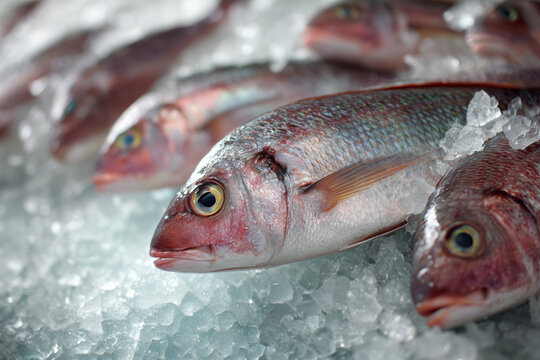Fresh Red Snapper Fish on Ice at Seafood Market