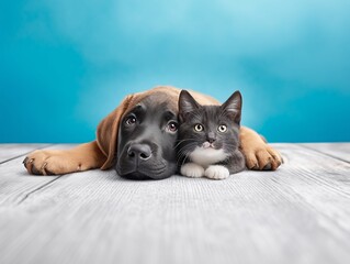 Charming puppy and kitten duo rest on wooden floor, creating a heartwarming scene of companionship against a serene blue backdrop.
