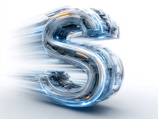 A 3D, blue-silver S letter in futuristic style, made of motion blur trails, glowing lines and aerodynamic forms, suggesting speed and technology The S has a three-dimensional appea - AI-Generated