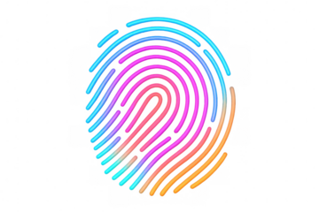 Vibrant neon fingerprint glowing against transparent backdrop, representing digital identity, security, biometric innovation