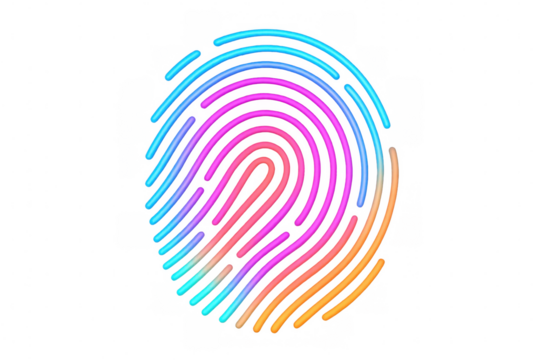 Vibrant neon fingerprint glowing against transparent backdrop, representing digital identity, security, biometric innovation