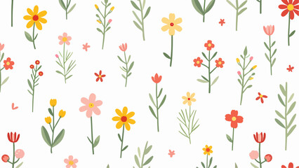 Cheerful seamless pattern featuring variety of colorful small flowers and stems on white background
