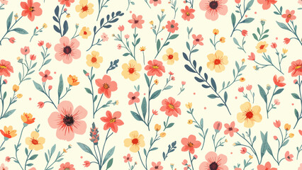 Seamless pattern with Wild flowers, Hand drawn Flowers and branches in Scandinavian style	