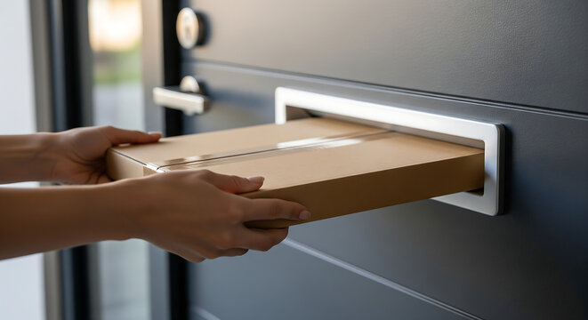 Hands delicately pushing a brown cardboard box through a sleek, modern letterbox attached to a dark gray front door, creating a smooth delivery system for mail and packages