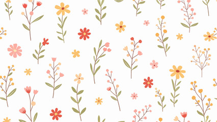 A color floral pattern with a variety of abstract leaves and flowers on a white background