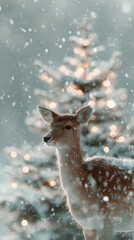 A peaceful deer stands amidst falling snow with a softly lit, decorated tree in the wintery background.