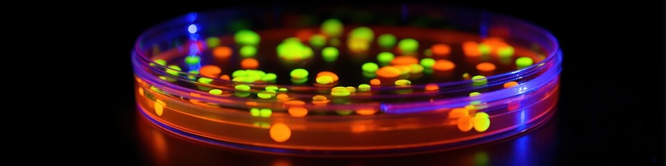 A petri dish with glowing orange and green colonies under ultraviolet light on a black background