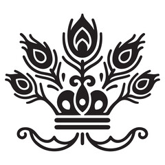 Silhouette vector icon of Krishna’s crown with peacock feather, simple curve lines, isolated on white background
